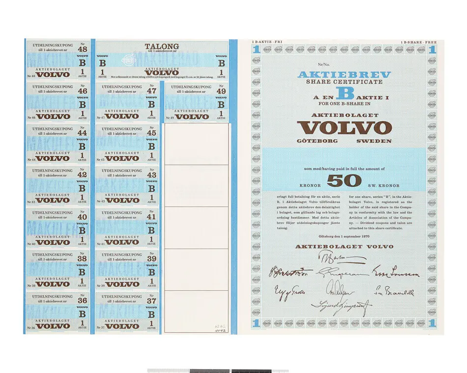 Bild på AKTIEBREV SHARE CERTIFICATE Å EN B AKTIE I FOR ONE B-SHARE IN AKTIEBOLAGET VOLVO GÖTEBORG SWEDEN
