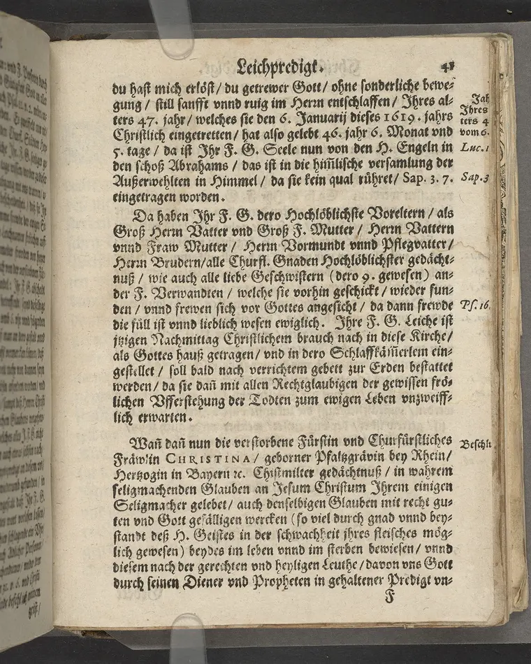 Christliche Leichpredigt Bey der Begräbnusz, weylandt der Durchleuchtigen Hochgebornen Fürstin vnd Churfürstlichen Fräwlein ... Christinae, Geborner Pfaltzgrävin bey Rhein ... gedächtnusz. Welche Sontags den 11. Julij Anno 1619 ... im 47. Jahr, Ihres alters ... im F. Schlosz zu Zweybrücken ... entschlaffen, vnd folgenden 25. Julij ejusdem anni, in der Pfarkirchen daselbst ... ist zur Erden bestattet worden. Gehalten Durch Bartholomaeum Hexamerum Diener am wort Gottes daselbst. Gedruckt in der Churfürstlichen Stadt Heydelberg, bey David Albin.