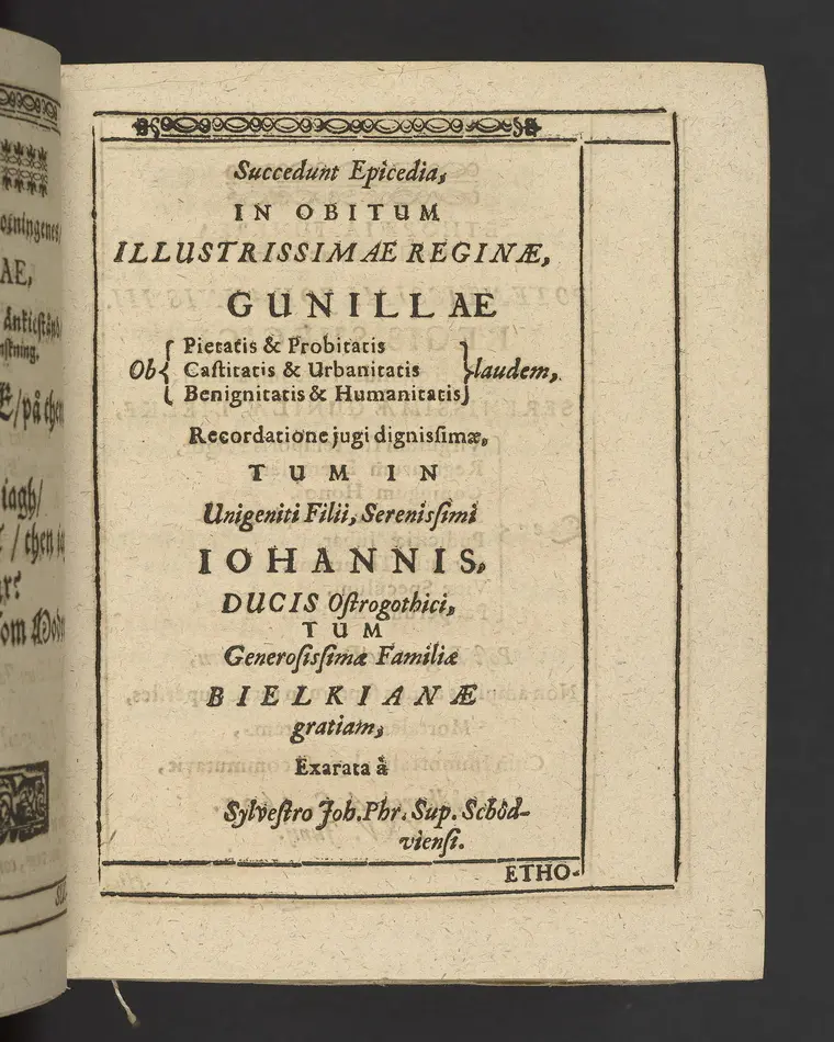 Agon regius, konglige Majesteetz till Swerige etc. H. Johans III... dödzkamp... Anteknat förste gången... på latiniskt språk... Dn. Jona Petri Nericio... Men nu... besmyckiat... medh Threnodia dramatica och... Drotningz Gunilæ epithaphijs... ich en... oration om... konungens... leffwerne... authore, Sylvestro Johan. Phrygio... Holmiæ A.C. 1620.