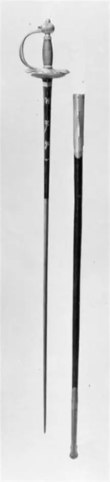 Infanteriofficersvärja. Fäste Sverige c 1830-1850. Klinga Solingen c 1750-1770.