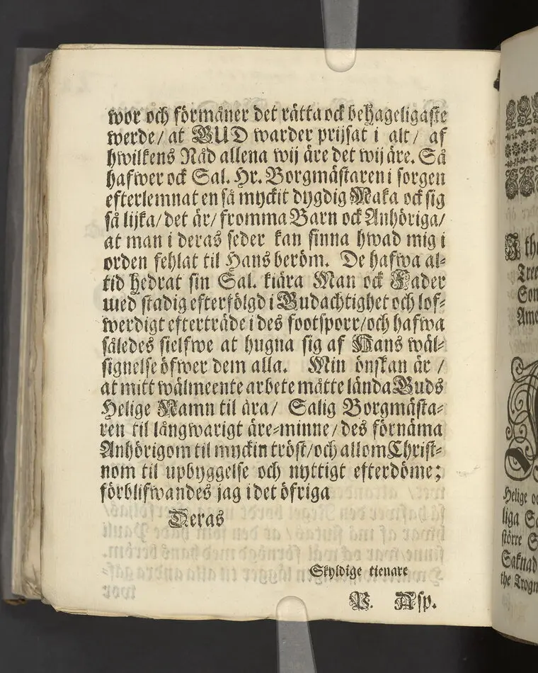Gloriatio christiana, det är, en christelig berömelse af ett godt samwet. Hwilken den helige apostelen hafwer föreskrifwit; fordom kongl. may:ts tro-tienare ock Norkiöpings stads politie-borgmästare ... Carl Johansson altid älskat; och wid des jorde-färd uti en folckrijk församling den 23 febr. år 1708. allom christnom til efterdöme lemnat Petrus Asp ... Stockholm, tryckt, uti kongl. boktryckerie hos Joh. H. Werner, 1709.
