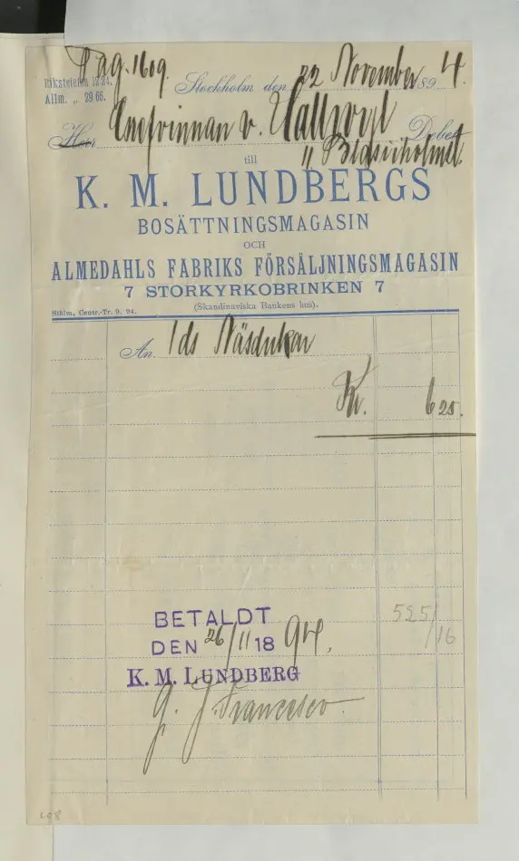 Bild på Kvitto från K.M Lundbergs garnbod, 1894
