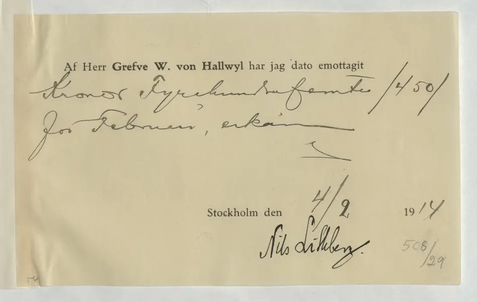 Bild på Kvitto gällande pengatransaktion mellan Walther von Hallwyl och Nils Lithberg