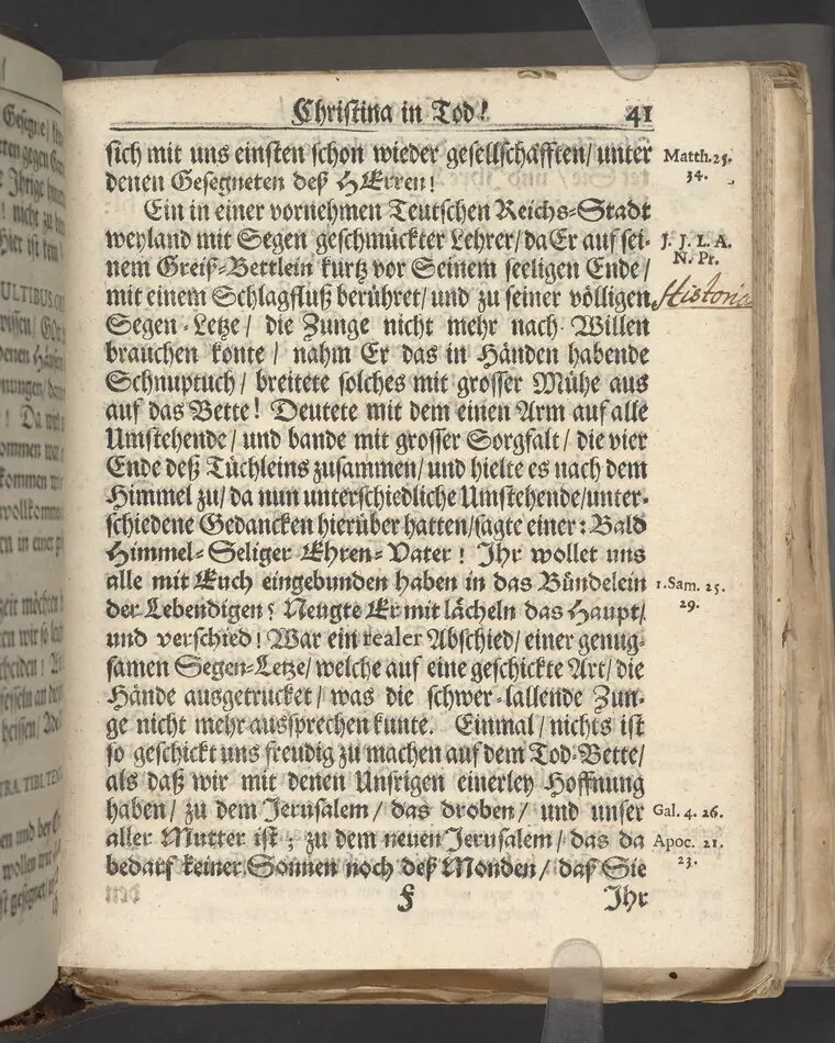 Christina in Leben/ Christina in Tod! Das ist Frühe doch lieb-volle Segen-Letze/ trauer-benehmende Trost-Letz/ und hoffnungs-volle Glaubens-Letze/ der weyland wohl-ehrbarn und gross-ehren tugendreichen Frauen Fr. Christina Grönin, gebornen Scharen-Bergin, desz wohl-ehren-vesten, grosz-achtbaren auch wohl-fürnehmen Herren Werner Gröns/ vornehmen Kauf-und Handels-Herren in hiesiger Königl. Residenz-Stadt Stockholm Herz-geschätzen Ehe-Gattin/ als deren verblichener Leichnam den 8 Maj-Monats, laufenden 1698-sten Heil-Jahrs, in Maria Magdalena Kyrch bey so wohl hoher/ als sonst ungemeiner Versamlung/ zur sanfften Erden-Ruh gebracht wurde/ zu inniger Trost-fasung vorgestellet von Johann Jacob Leibniz/ der h. Schrifft D. der löbl. Teutsschen Gemeine Past. und Consist. Assess. Stockholm/ Gedrucht bey Henrich Keysern/ J.K.Maejest: und der Acad. in Ups. Buchdrucker