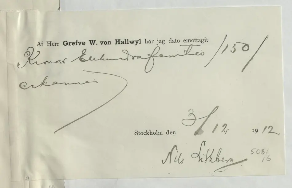 Bild på Kvitto gällande pengatransaktion mellan Walther von Hallwyl och Nils Lithberg
