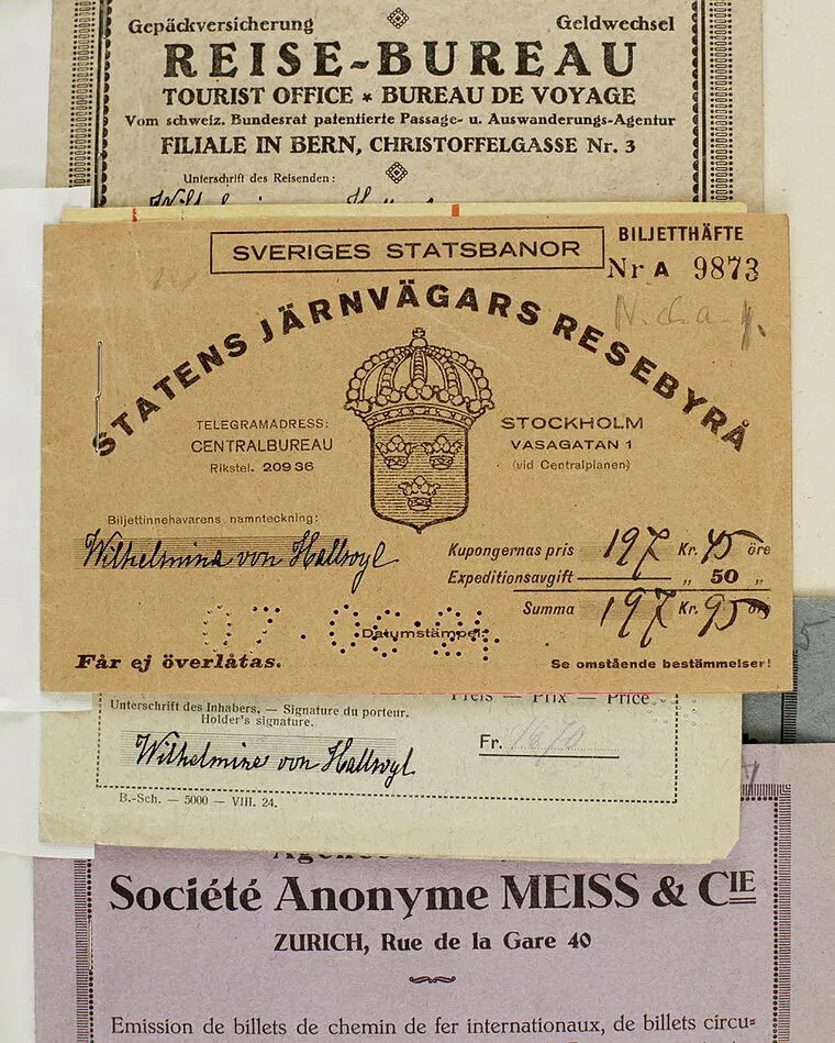 Bild på Tågbiljetter. Statens järnvägars resebyrå. Biljetthäfte för W. v. H. f. K. Stockholm-Schweiz.