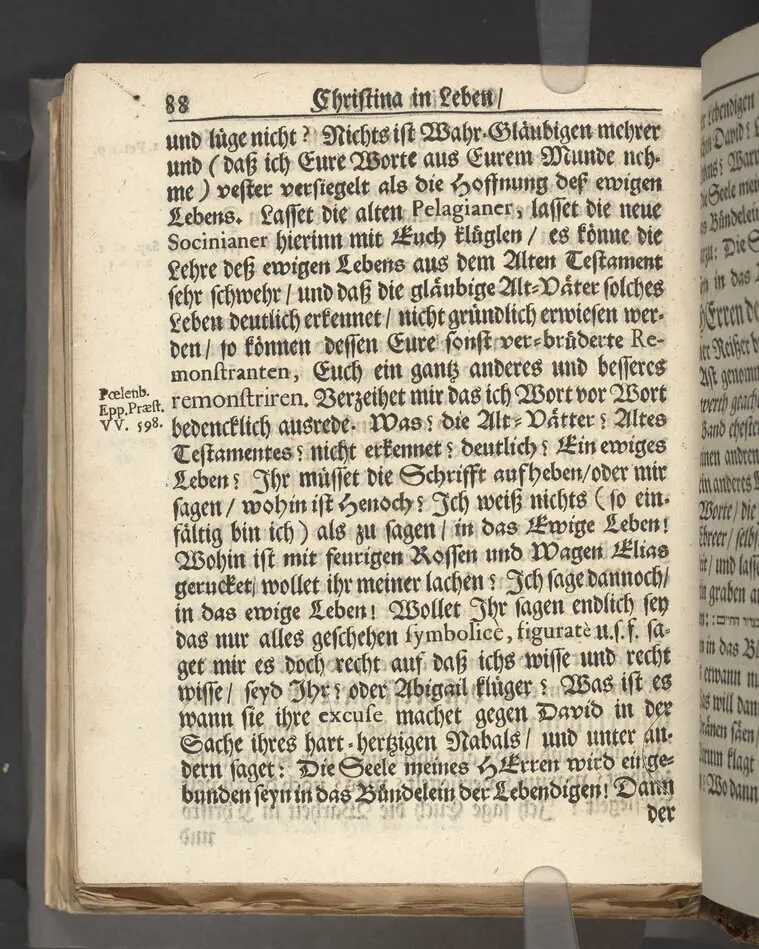 Christina in Leben/ Christina in Tod! Das ist Frühe doch lieb-volle Segen-Letze/ trauer-benehmende Trost-Letz/ und hoffnungs-volle Glaubens-Letze/ der weyland wohl-ehrbarn und gross-ehren tugendreichen Frauen Fr. Christina Grönin, gebornen Scharen-Bergin, desz wohl-ehren-vesten, grosz-achtbaren auch wohl-fürnehmen Herren Werner Gröns/ vornehmen Kauf-und Handels-Herren in hiesiger Königl. Residenz-Stadt Stockholm Herz-geschätzen Ehe-Gattin/ als deren verblichener Leichnam den 8 Maj-Monats, laufenden 1698-sten Heil-Jahrs, in Maria Magdalena Kyrch bey so wohl hoher/ als sonst ungemeiner Versamlung/ zur sanfften Erden-Ruh gebracht wurde/ zu inniger Trost-fasung vorgestellet von Johann Jacob Leibniz/ der h. Schrifft D. der löbl. Teutsschen Gemeine Past. und Consist. Assess. Stockholm/ Gedrucht bey Henrich Keysern/ J.K.Maejest: und der Acad. in Ups. Buchdrucker