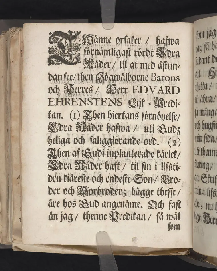Asylum christianorum, eller The christnas tilflycht, betrachtat uti en enfaldig och gudelig lijk-predikan, i anledning af psalmen Davids 27. v. 5. öfwer hans kongl. may:tz wår allernådigste konungs tro-tienare ... nu hos Gud ewinnerligen salige, hr. Edvard Ehrensteen ... uti många höga personers, samt en ansenlig församlings närwaro, hållen i Öster Åkers kyrckia, den 29 jan. 1712. Af Gustaf Hallman ... Stockholm, hos Joh. Henr. Werner, kongl. may:tz och Upsala acad. boktr. 1713.