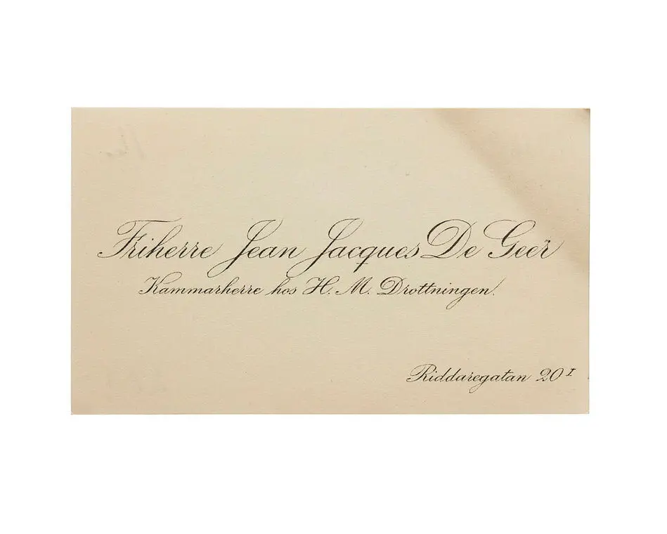 Visitkort från Friherre Jean Jacques De Geer, Kammarherre hos H. M. Drottningen.