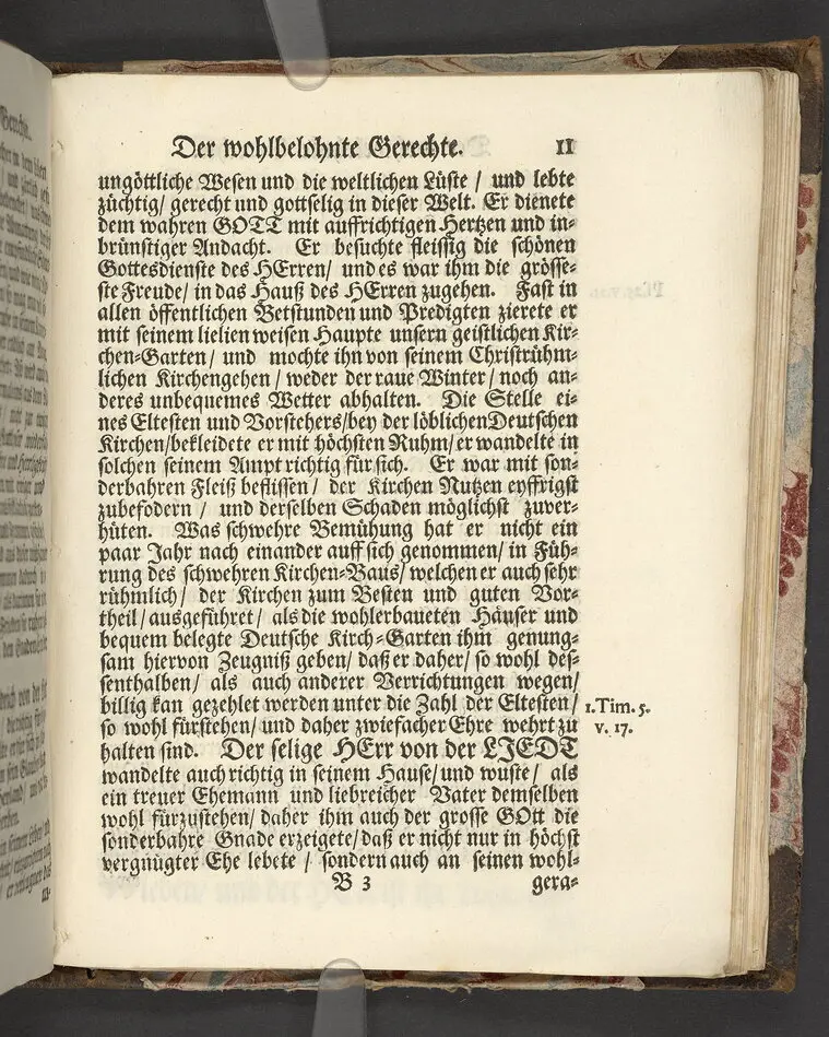 Der wohlbelohnte Gerechte, als der Weyland wohl-ehrenveste ... Diedrich von der Liedt, wohlbenahmter Kauff- und Handels-Mann in dieser königlichen Residentz-Stad Stockholm, und der hiesigen löblichen deutschen Kirchen wohlverordneter Eltester und Vorsteher, den 22. April, im Jahr Christi 1700. in der St. Nicolai Kirchen, bey volckreicher Versamlung, ansehnlich zur Erden bestetiget worden, fürgestellet aus dem 16. und 17. Versickeln des 5. Capitels des Buchs der Weiszheit, von M. Ægidio Strauchen ... Stockholm, gedruckt bey Olao Enæo, königl. Antiq. Arch. Buchdr.