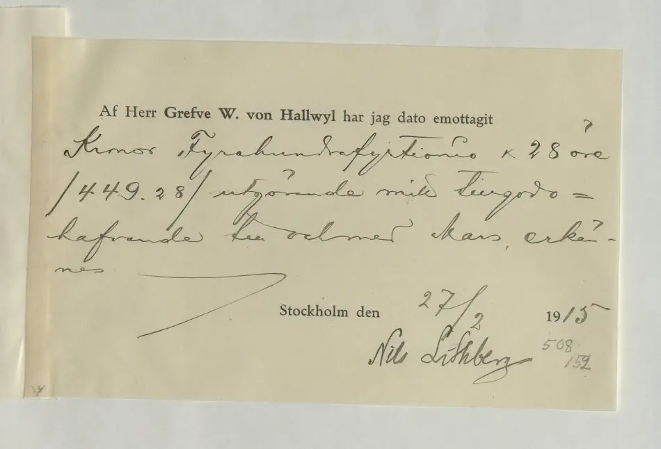 Bild på Emottagande av arvode gällande Nils Lithberg, 1915