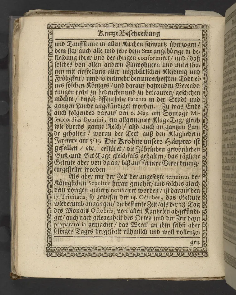 Lob eines rechtschaffenen, auszgeübeten und consummaten Königs, insonderheit aber des nunmehr in Gott ruhenden Carll Gustaffs der Schweden, Gothen und Wenden Königes ... zu vollführung derer in Alten Stettin angestellten Leich-Procession, in der Schloszkirche daselbst in einer Stand-Rede ... vorgestellet, von Ludovico Jacobi ... Mit kurtzer Beschreibung desselben Leich Conduicts, und dabey gepflogenen Solennitäten.