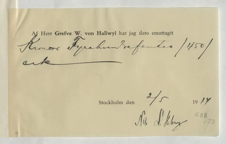 Bild på Kvitto gällande pengatransaktion mellan Walther von Hallwyl och Nils Lithberg
