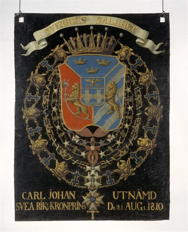 Serafimersköld för konung Karl XIV Johan av Sverige som kronprins av Sverige-Norge 1810-1818, urspr.upphängd i Riddarholmskyrkan, Stockholm.