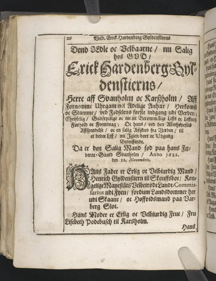 Guds börns stora bitterhed i denne jordiske fred... Da den erlig oc velbiurdig mand, Erick Hardenberg Gyldenstiern. Herre til Svanholm oc Karssholm... udi vor Frue Kircke udi Ydsted bleff bestädiget den 23 Januarij anno 1666. Oc forklaret aff Hans Hanssøn Resener... Tryckt i Malmø, aff Vitus Haberegger, aar 1667.