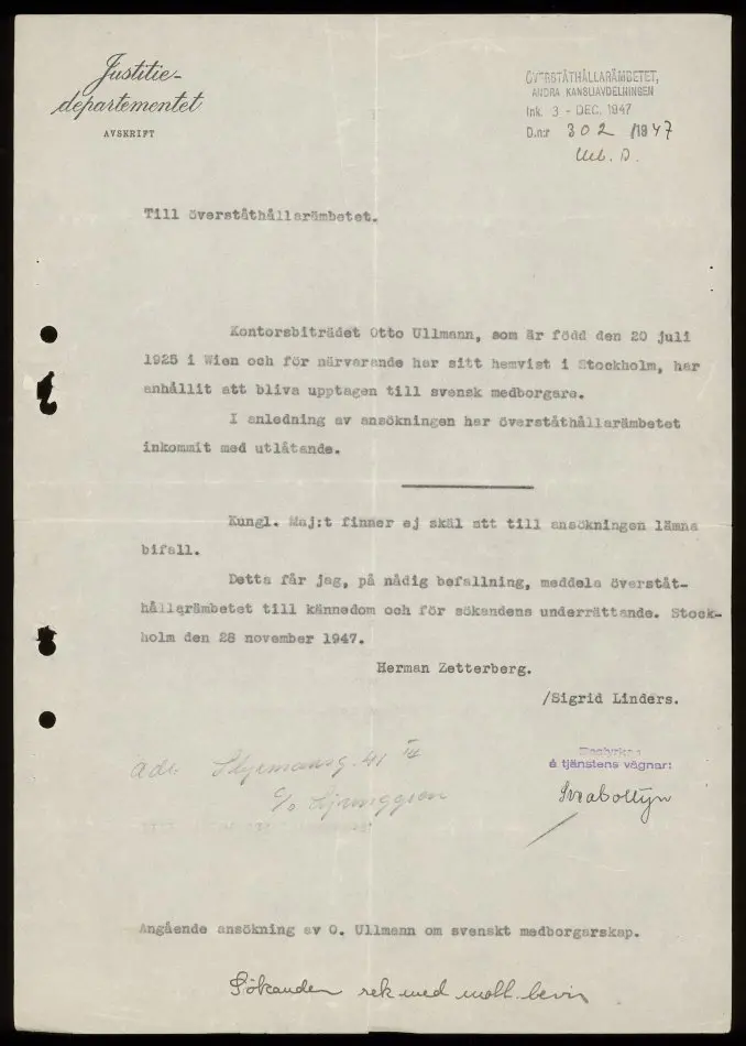 Bild på Officiellt brev från Justitiedepartementet 1947-12-03