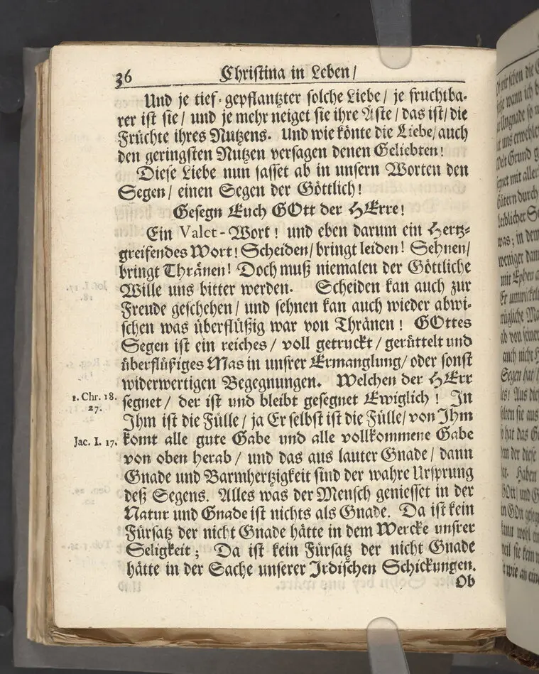 Christina in Leben/ Christina in Tod! Das ist Frühe doch lieb-volle Segen-Letze/ trauer-benehmende Trost-Letz/ und hoffnungs-volle Glaubens-Letze/ der weyland wohl-ehrbarn und gross-ehren tugendreichen Frauen Fr. Christina Grönin, gebornen Scharen-Bergin, desz wohl-ehren-vesten, grosz-achtbaren auch wohl-fürnehmen Herren Werner Gröns/ vornehmen Kauf-und Handels-Herren in hiesiger Königl. Residenz-Stadt Stockholm Herz-geschätzen Ehe-Gattin/ als deren verblichener Leichnam den 8 Maj-Monats, laufenden 1698-sten Heil-Jahrs, in Maria Magdalena Kyrch bey so wohl hoher/ als sonst ungemeiner Versamlung/ zur sanfften Erden-Ruh gebracht wurde/ zu inniger Trost-fasung vorgestellet von Johann Jacob Leibniz/ der h. Schrifft D. der löbl. Teutsschen Gemeine Past. und Consist. Assess. Stockholm/ Gedrucht bey Henrich Keysern/ J.K.Maejest: und der Acad. in Ups. Buchdrucker