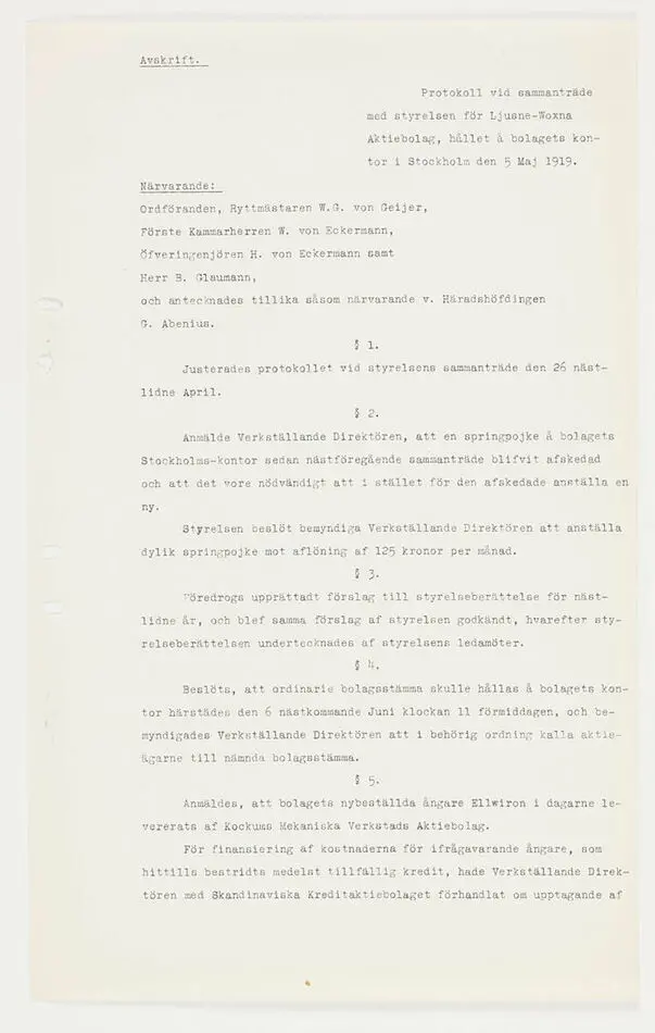Affärshandlingar rörande Ljusne-Voxna AB.