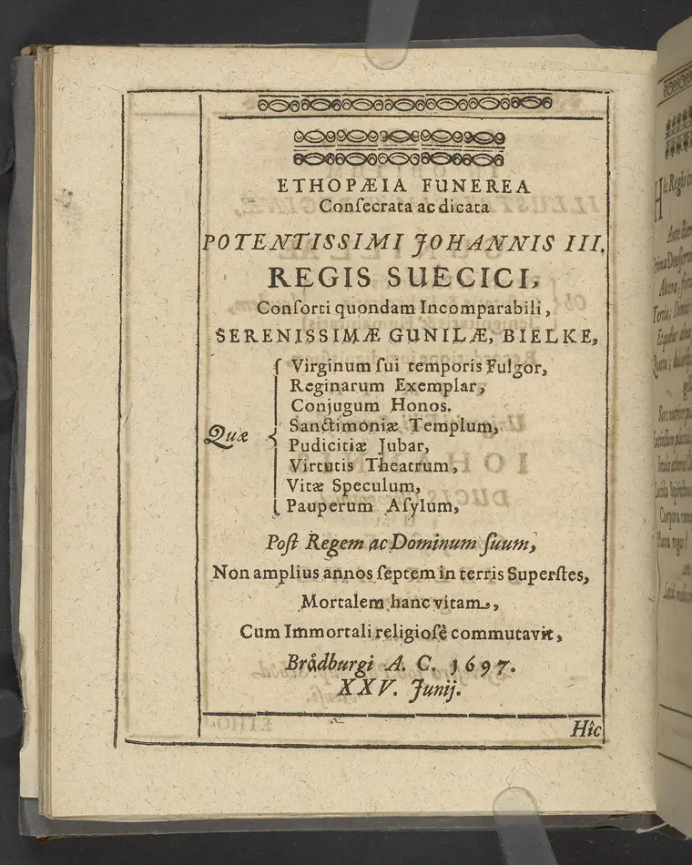 Agon regius, konglige Majesteetz till Swerige etc. H. Johans III... dödzkamp... Anteknat förste gången... på latiniskt språk... Dn. Jona Petri Nericio... Men nu... besmyckiat... medh Threnodia dramatica och... Drotningz Gunilæ epithaphijs... ich en... oration om... konungens... leffwerne... authore, Sylvestro Johan. Phrygio... Holmiæ A.C. 1620.