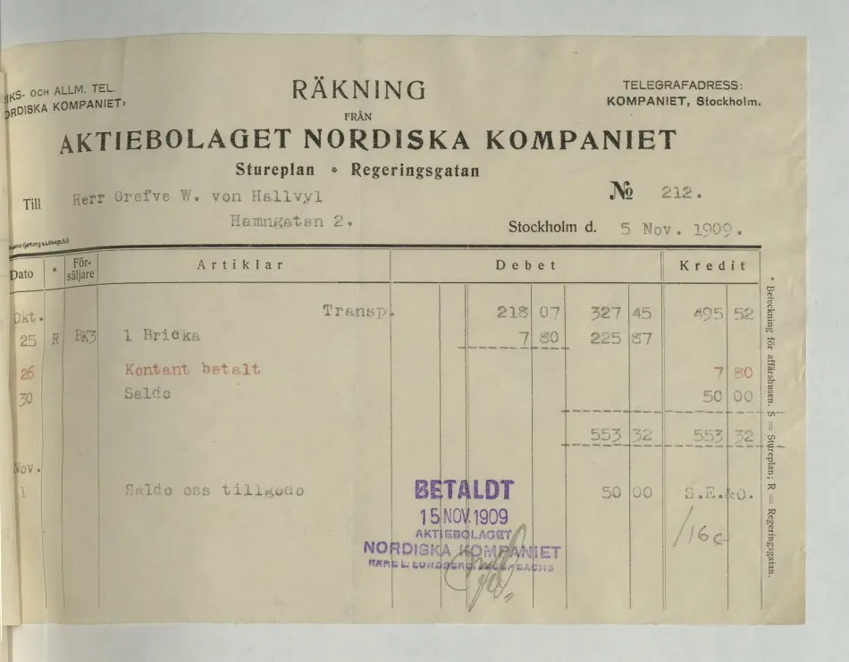 Kvitto från Aktiebolaget Nordiska Kompaniet, 1909