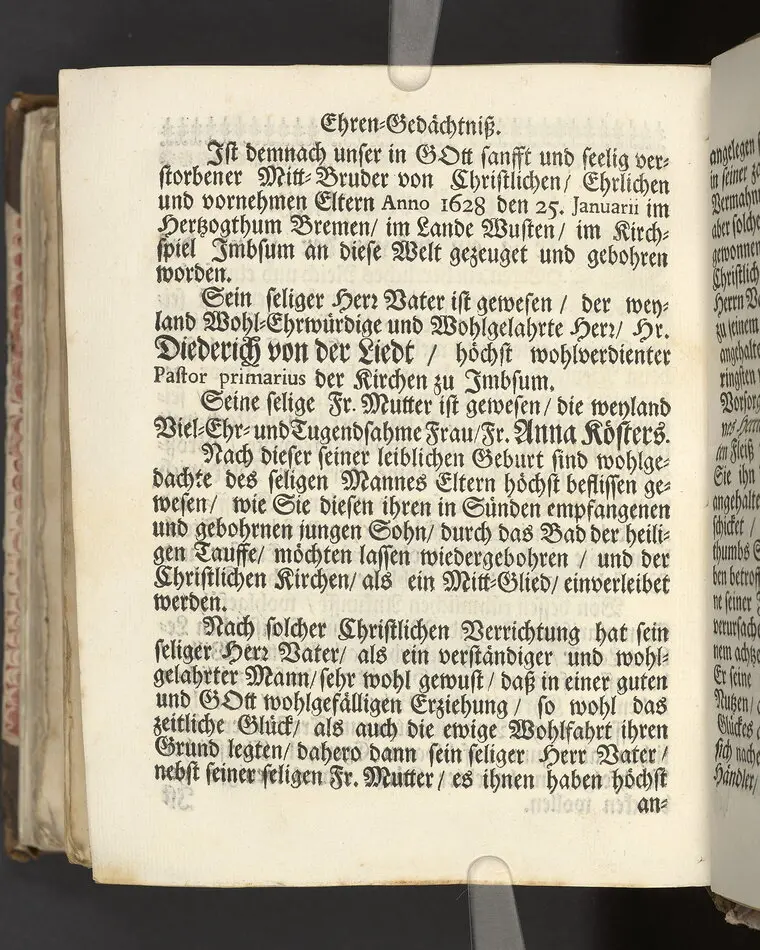 Der wohlbelohnte Gerechte, als der Weyland wohl-ehrenveste ... Diedrich von der Liedt, wohlbenahmter Kauff- und Handels-Mann in dieser königlichen Residentz-Stad Stockholm, und der hiesigen löblichen deutschen Kirchen wohlverordneter Eltester und Vorsteher, den 22. April, im Jahr Christi 1700. in der St. Nicolai Kirchen, bey volckreicher Versamlung, ansehnlich zur Erden bestetiget worden, fürgestellet aus dem 16. und 17. Versickeln des 5. Capitels des Buchs der Weiszheit, von M. Ægidio Strauchen ... Stockholm, gedruckt bey Olao Enæo, königl. Antiq. Arch. Buchdr.