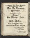 Die christruhmlichste Zufriedenheit, bey hoch-adelicher Beerdigung, an der ... Fr. Catharina Ebelings, des ... Hrn. Johann Albert Huswedels ... Fr. Wittwen, welche im Jahr 1693 ... den 26 Septembr ... in der Soldenauischen Kirchen, zu ihrer Ruhe-Stätte gebracht worden ... Fürgestellet von M. Aegidio Strauchen ... Stockholm, gedruckt bey Johan Billingsley.