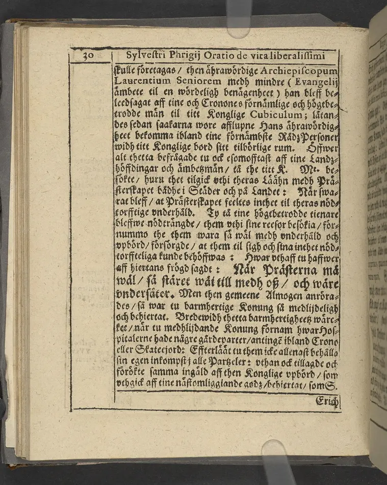 Agon regius, konglige Majesteetz till Swerige etc. H. Johans III... dödzkamp... Anteknat förste gången... på latiniskt språk... Dn. Jona Petri Nericio... Men nu... besmyckiat... medh Threnodia dramatica och... Drotningz Gunilæ epithaphijs... ich en... oration om... konungens... leffwerne... authore, Sylvestro Johan. Phrygio... Holmiæ A.C. 1620.