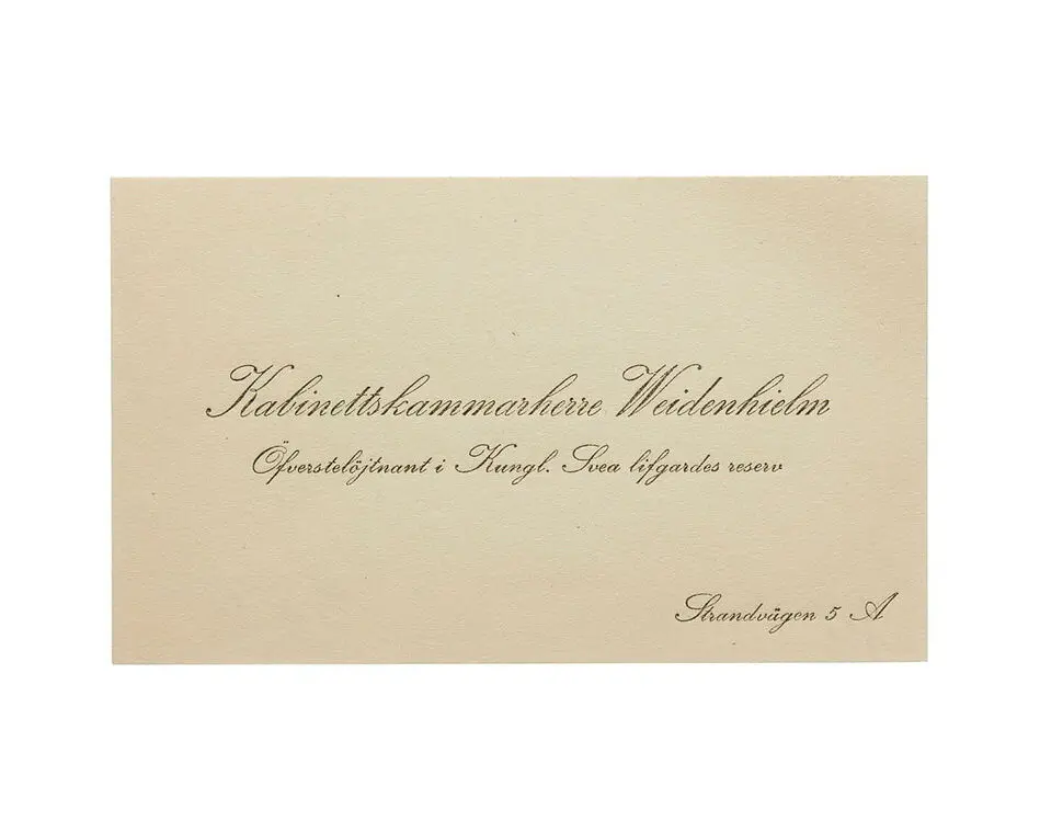 Visitkort från Kabinettskammarherre Weidenhielm, Överstelöjtnant i Kungl. Svea livgardes reserv