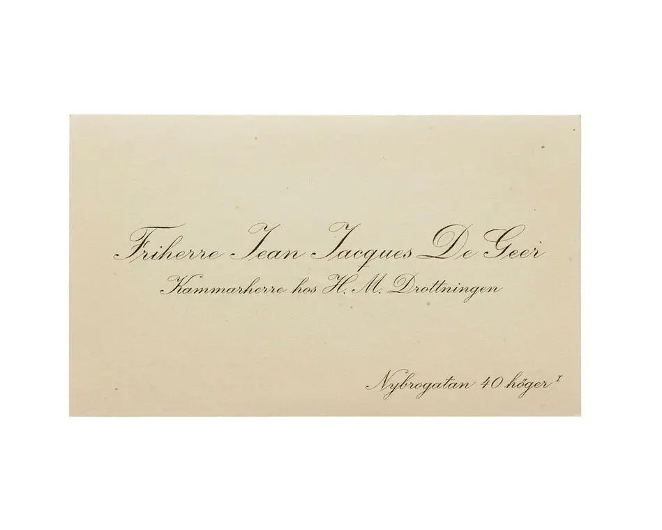 Visitkort från Friherre Jean Jacques De Geer, Kammarherre hos H. M. Drottningen.