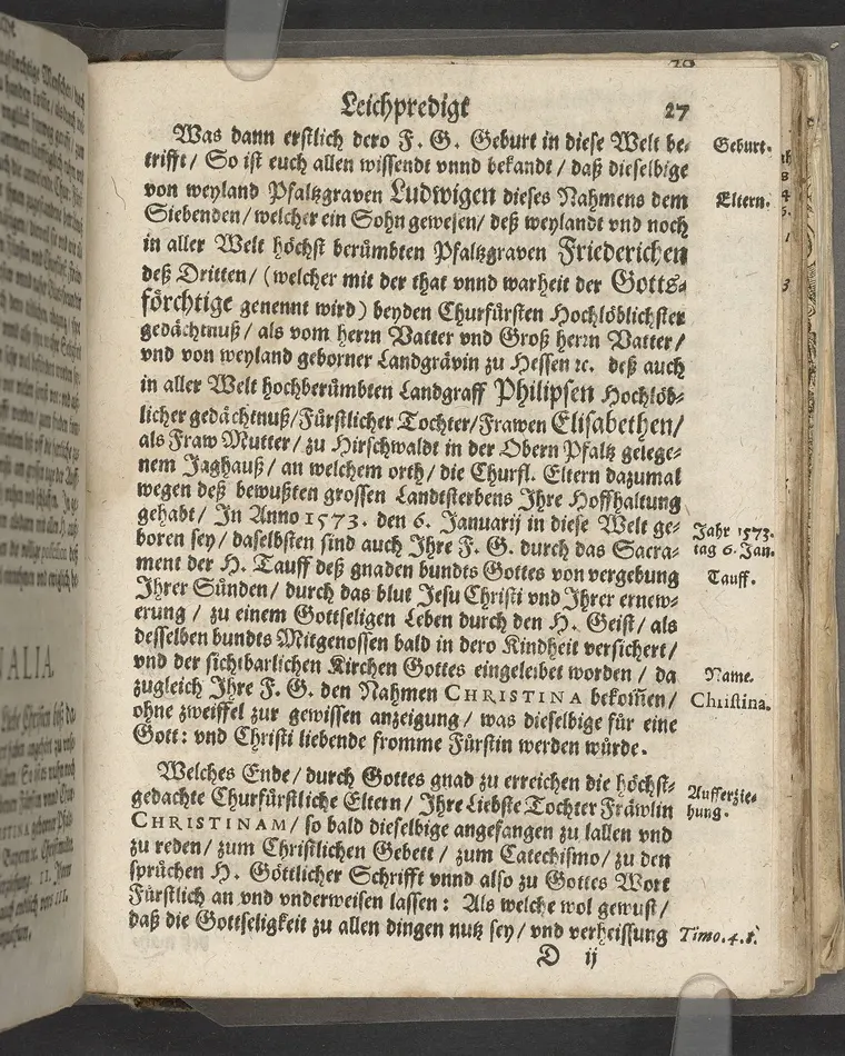 Christliche Leichpredigt Bey der Begräbnusz, weylandt der Durchleuchtigen Hochgebornen Fürstin vnd Churfürstlichen Fräwlein ... Christinae, Geborner Pfaltzgrävin bey Rhein ... gedächtnusz. Welche Sontags den 11. Julij Anno 1619 ... im 47. Jahr, Ihres alters ... im F. Schlosz zu Zweybrücken ... entschlaffen, vnd folgenden 25. Julij ejusdem anni, in der Pfarkirchen daselbst ... ist zur Erden bestattet worden. Gehalten Durch Bartholomaeum Hexamerum Diener am wort Gottes daselbst. Gedruckt in der Churfürstlichen Stadt Heydelberg, bey David Albin.