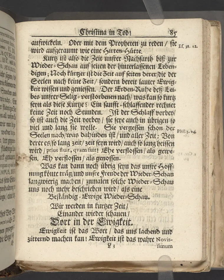 Christina in Leben/ Christina in Tod! Das ist Frühe doch lieb-volle Segen-Letze/ trauer-benehmende Trost-Letz/ und hoffnungs-volle Glaubens-Letze/ der weyland wohl-ehrbarn und gross-ehren tugendreichen Frauen Fr. Christina Grönin, gebornen Scharen-Bergin, desz wohl-ehren-vesten, grosz-achtbaren auch wohl-fürnehmen Herren Werner Gröns/ vornehmen Kauf-und Handels-Herren in hiesiger Königl. Residenz-Stadt Stockholm Herz-geschätzen Ehe-Gattin/ als deren verblichener Leichnam den 8 Maj-Monats, laufenden 1698-sten Heil-Jahrs, in Maria Magdalena Kyrch bey so wohl hoher/ als sonst ungemeiner Versamlung/ zur sanfften Erden-Ruh gebracht wurde/ zu inniger Trost-fasung vorgestellet von Johann Jacob Leibniz/ der h. Schrifft D. der löbl. Teutsschen Gemeine Past. und Consist. Assess. Stockholm/ Gedrucht bey Henrich Keysern/ J.K.Maejest: und der Acad. in Ups. Buchdrucker