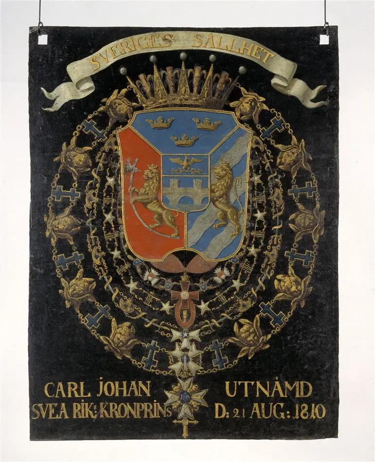 Serafimersköld för konung Karl XIV Johan av Sverige som kronprins av Sverige-Norge 1810-1818, urspr.upphängd i Riddarholmskyrkan, Stockholm.