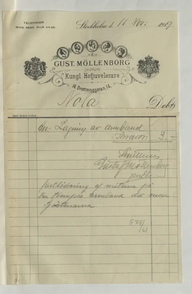 Bild på Kvitto från Gustaf Möllenborg, Juvelerare, 1919