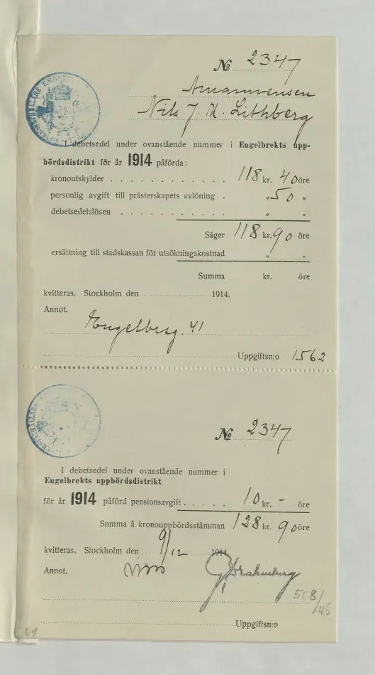 Bild på Debetsedel gällande Nils Lithberg, 1914