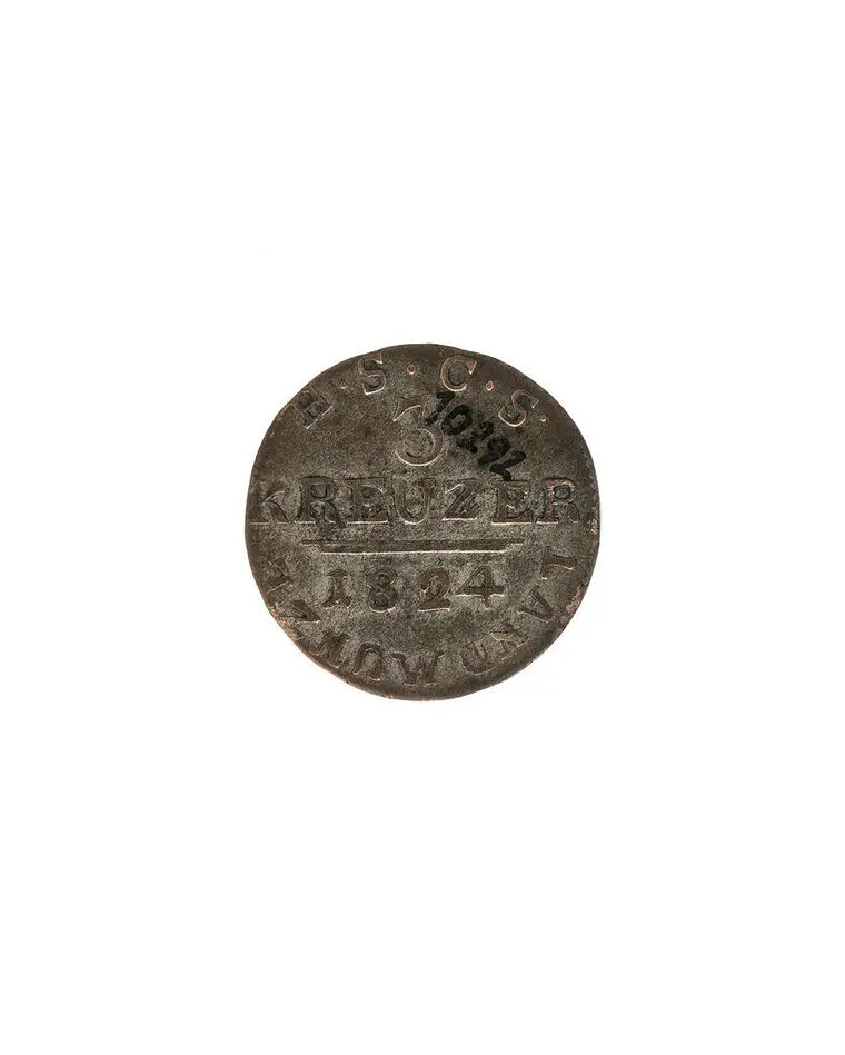 Mynt av försilvrad koppar, 3 kreuzer, möjligen från Sachsen-Coburg, 1824.