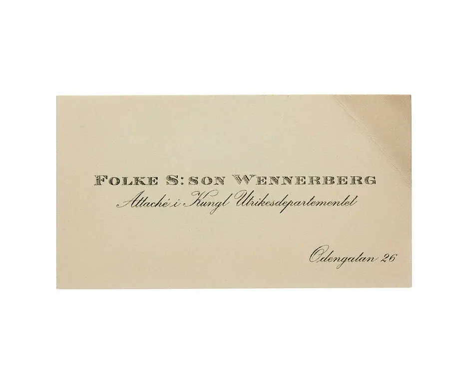 Visitkort från Folke S:son Wennerberg, underlöjtnant i Kungl. Svea art. reg:tes reserv