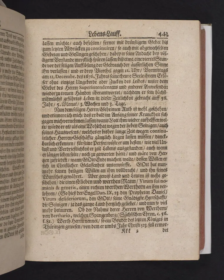 Der Vortrefflichste Christen-Adel/ In einer Christlichen Leichen-Predigt/ Tages vorher/ ehe Des ... Herrn Friedrichs von Werthern ... Der Röm. Käyserl. Maj. und des Heil. Röm. Reichs Erb-Cammer-Thürhüters .. Am 21. Decembr. 1686. Selig-verblichener Leichnam von Dreßden aus nacher Cölleda ... zu seinem Erb-Begräbnüß gebracht zu werden/ abgeführet worden.
