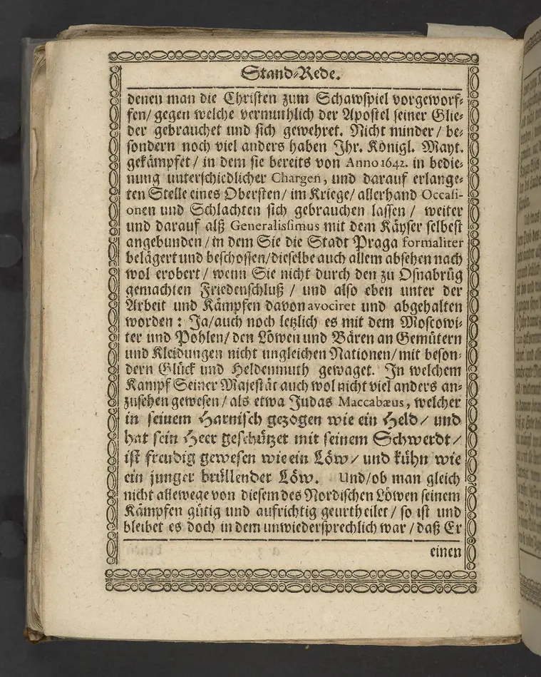 Lob eines rechtschaffenen, auszgeübeten und consummaten Königs, insonderheit aber des nunmehr in Gott ruhenden Carll Gustaffs der Schweden, Gothen und Wenden Königes ... zu vollführung derer in Alten Stettin angestellten Leich-Procession, in der Schloszkirche daselbst in einer Stand-Rede ... vorgestellet, von Ludovico Jacobi ... Mit kurtzer Beschreibung desselben Leich Conduicts, und dabey gepflogenen Solennitäten.