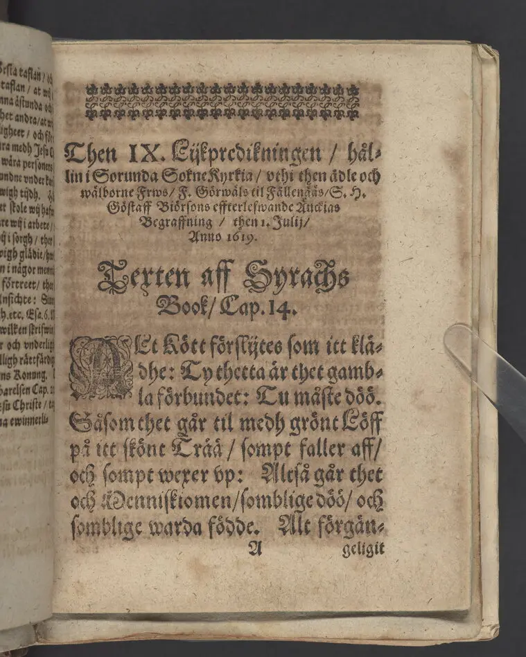 Bild på Then IX. lijkpredikningen, hållin i Sorunda soknekyrkia, vthi ... f. Görwäls til Fållenääs, s. h. Göstaff Biörsons effterlefwande änckias begraffning, then 1. julij, anno 1619.