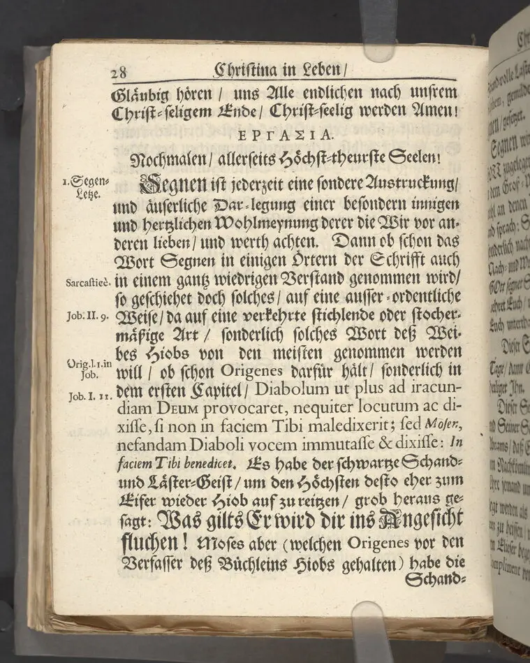 Christina in Leben/ Christina in Tod! Das ist Frühe doch lieb-volle Segen-Letze/ trauer-benehmende Trost-Letz/ und hoffnungs-volle Glaubens-Letze/ der weyland wohl-ehrbarn und gross-ehren tugendreichen Frauen Fr. Christina Grönin, gebornen Scharen-Bergin, desz wohl-ehren-vesten, grosz-achtbaren auch wohl-fürnehmen Herren Werner Gröns/ vornehmen Kauf-und Handels-Herren in hiesiger Königl. Residenz-Stadt Stockholm Herz-geschätzen Ehe-Gattin/ als deren verblichener Leichnam den 8 Maj-Monats, laufenden 1698-sten Heil-Jahrs, in Maria Magdalena Kyrch bey so wohl hoher/ als sonst ungemeiner Versamlung/ zur sanfften Erden-Ruh gebracht wurde/ zu inniger Trost-fasung vorgestellet von Johann Jacob Leibniz/ der h. Schrifft D. der löbl. Teutsschen Gemeine Past. und Consist. Assess. Stockholm/ Gedrucht bey Henrich Keysern/ J.K.Maejest: und der Acad. in Ups. Buchdrucker
