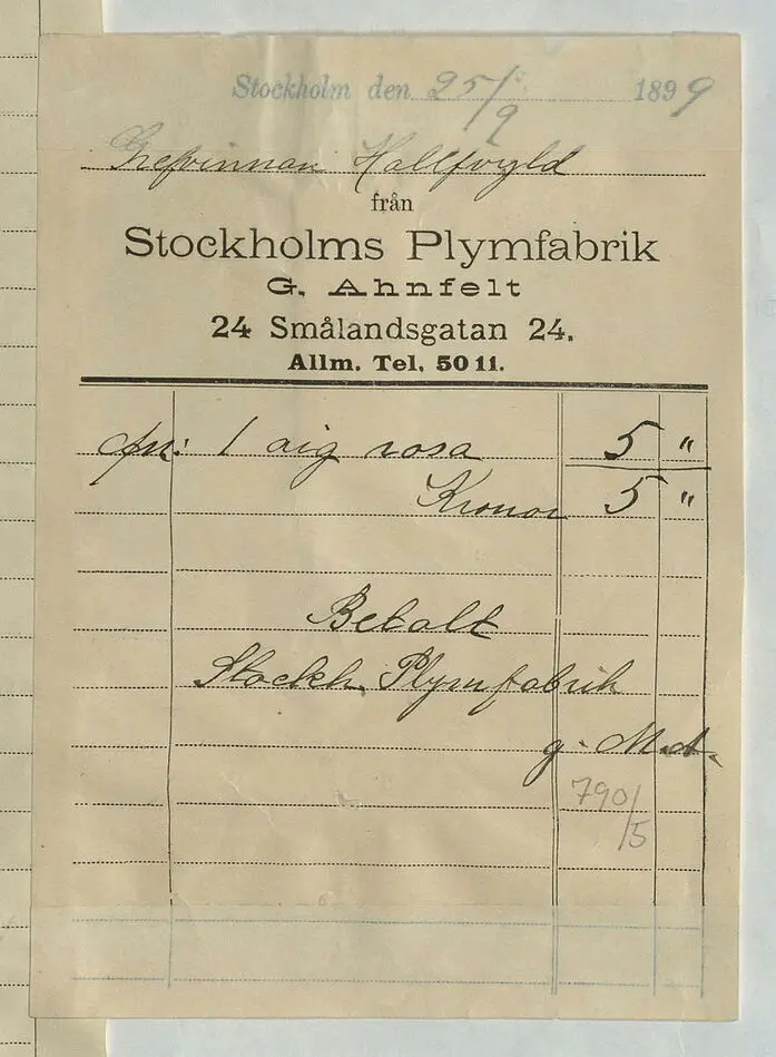 Bild på Kvitto från Stockholms Plymfabrik