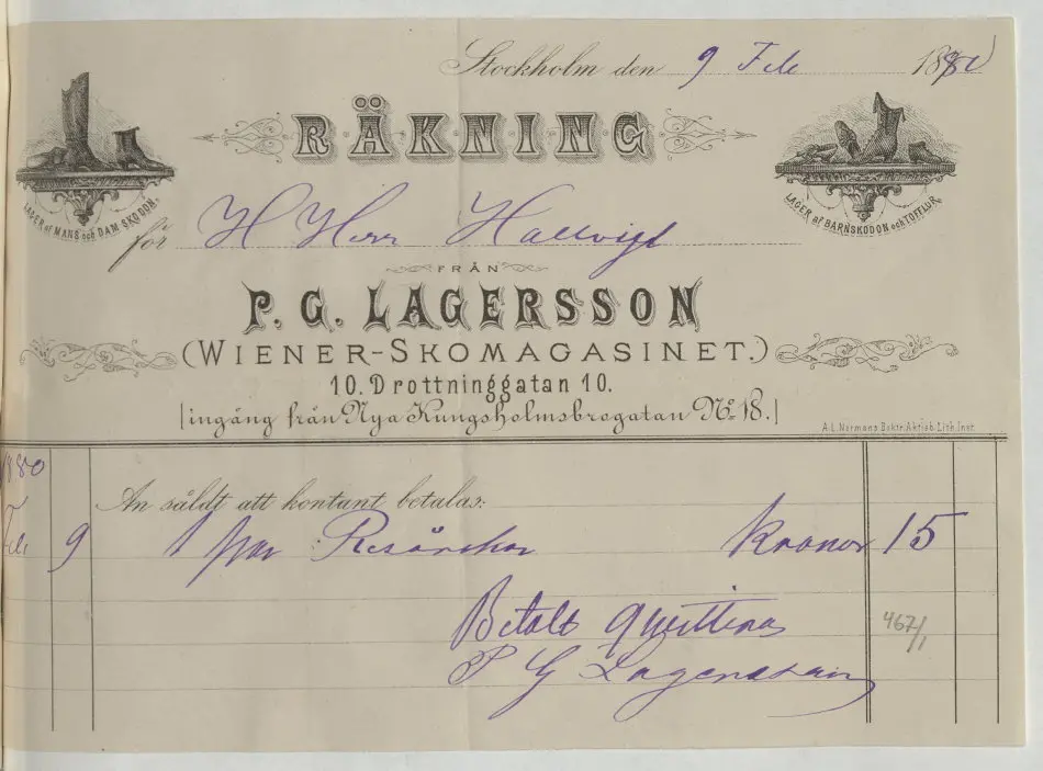 Bild på Kvitto från P. G. Lagersson, Wiener-Skomagasinet