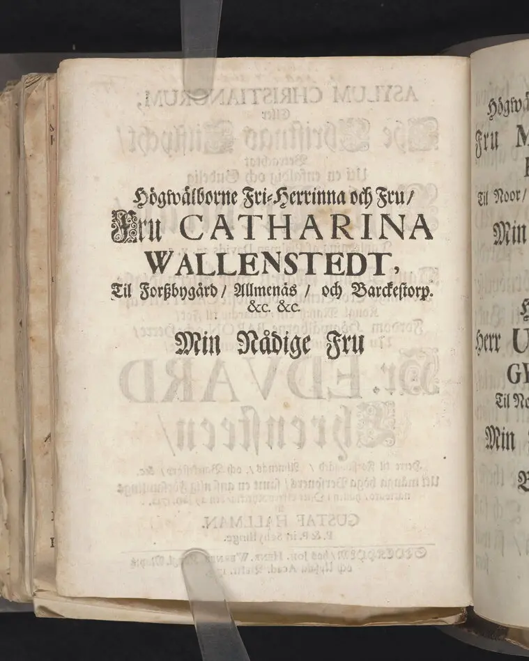 Asylum christianorum, eller The christnas tilflycht, betrachtat uti en enfaldig och gudelig lijk-predikan, i anledning af psalmen Davids 27. v. 5. öfwer hans kongl. may:tz wår allernådigste konungs tro-tienare ... nu hos Gud ewinnerligen salige, hr. Edvard Ehrensteen ... uti många höga personers, samt en ansenlig församlings närwaro, hållen i Öster Åkers kyrckia, den 29 jan. 1712. Af Gustaf Hallman ... Stockholm, hos Joh. Henr. Werner, kongl. may:tz och Upsala acad. boktr. 1713.