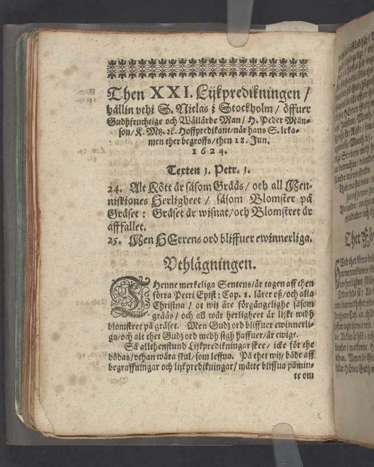 Then XXI lijkpredikningen/ hållin uthi S.Niclas i Stockholm/ öffuer Gudhfruchtige och vällärde Man/ H. Peder Månson/ K. Mtz. etc. hoffpredikant/ när hans s. lekamen ther begroffs/ then 18. Jun. 1624.