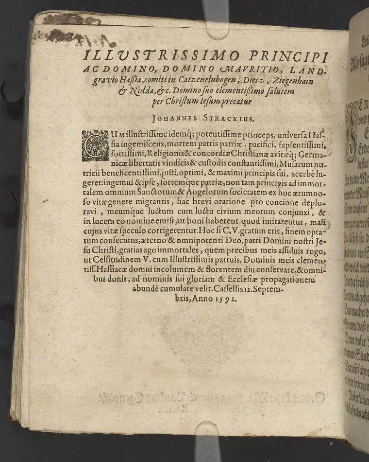 Ein Klagrede, über dem seligen und christlichen Abschied ... desz ... Herrn Wilhelens, Landgraffen zu Hessen, Graffen zu Catzenelnbogen ... anno 1592 ... Gehalten den 10. septembris in der Newenstatt zu Cassel, durch Johannem Strackium ... Gedruckt zu Marpurg, durch Paulum Egenolff, im Jahr, MDXCIII.