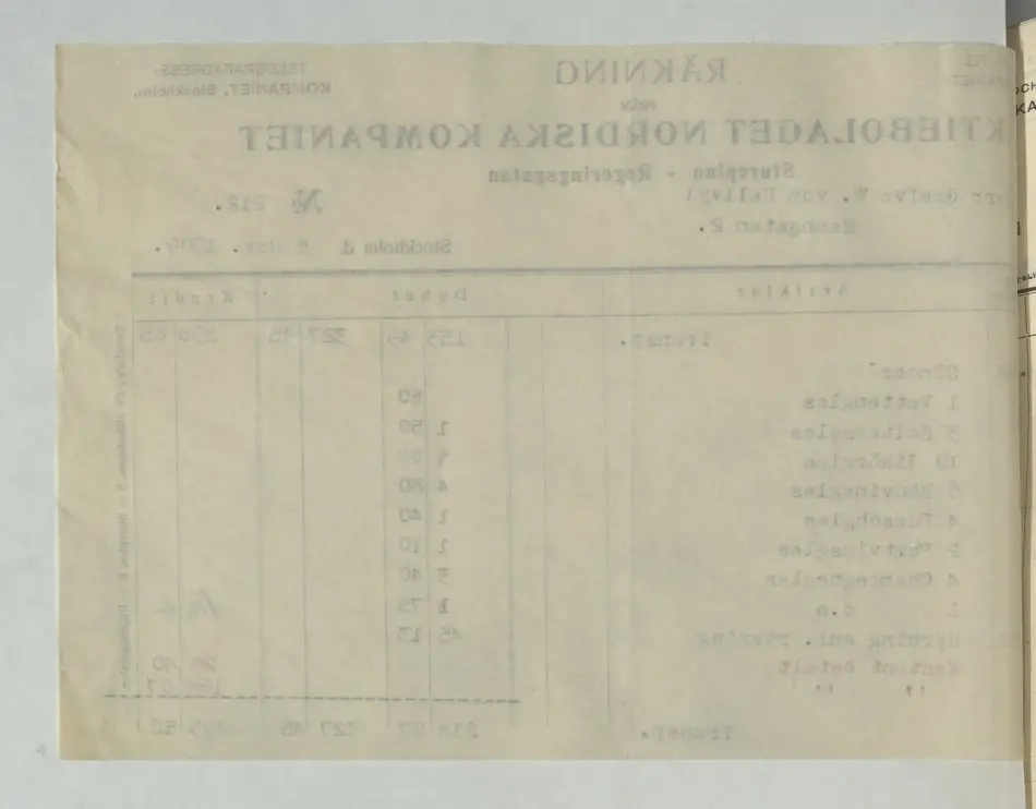 Kvitto från Aktiebolaget Nordiska Kompaniet, 1909