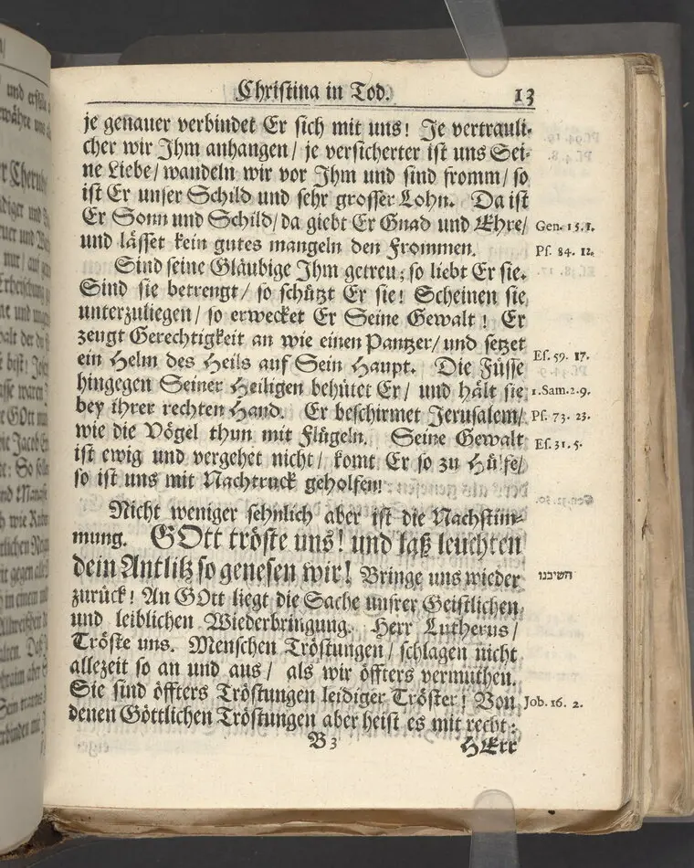 Christina in Leben/ Christina in Tod! Das ist Frühe doch lieb-volle Segen-Letze/ trauer-benehmende Trost-Letz/ und hoffnungs-volle Glaubens-Letze/ der weyland wohl-ehrbarn und gross-ehren tugendreichen Frauen Fr. Christina Grönin, gebornen Scharen-Bergin, desz wohl-ehren-vesten, grosz-achtbaren auch wohl-fürnehmen Herren Werner Gröns/ vornehmen Kauf-und Handels-Herren in hiesiger Königl. Residenz-Stadt Stockholm Herz-geschätzen Ehe-Gattin/ als deren verblichener Leichnam den 8 Maj-Monats, laufenden 1698-sten Heil-Jahrs, in Maria Magdalena Kyrch bey so wohl hoher/ als sonst ungemeiner Versamlung/ zur sanfften Erden-Ruh gebracht wurde/ zu inniger Trost-fasung vorgestellet von Johann Jacob Leibniz/ der h. Schrifft D. der löbl. Teutsschen Gemeine Past. und Consist. Assess. Stockholm/ Gedrucht bey Henrich Keysern/ J.K.Maejest: und der Acad. in Ups. Buchdrucker