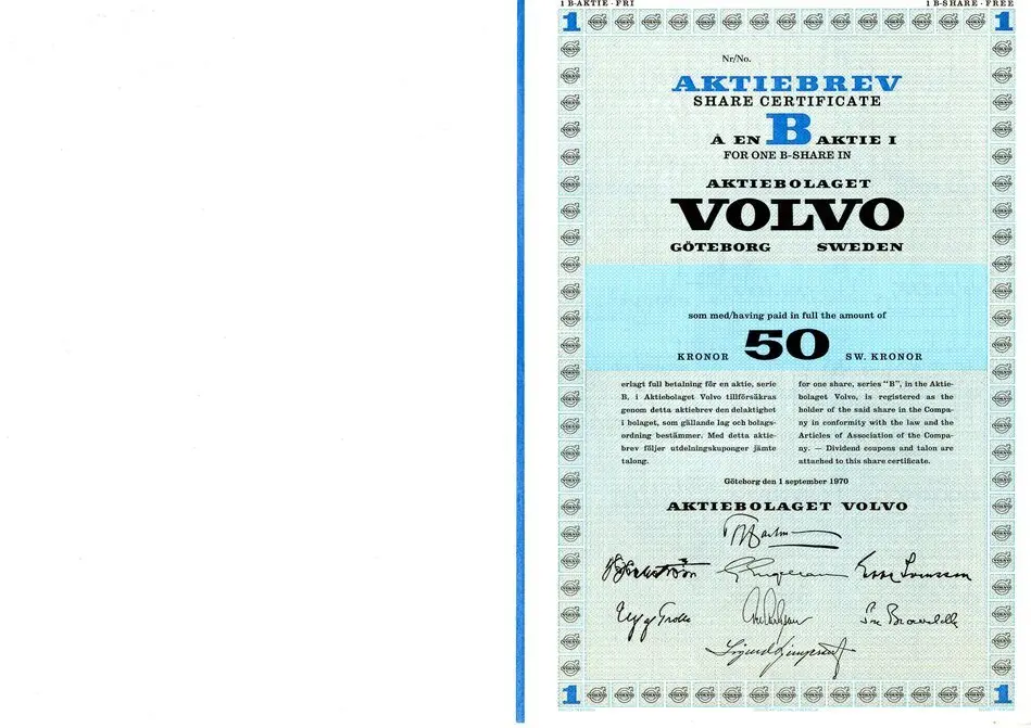 AKTIEBREV SHARE CERTIFICATE Å EN B AKTIE I FOR ONE B-SHARE IN AKTIEBOLAGET VOLVO GÖTEBORG SWEDEN