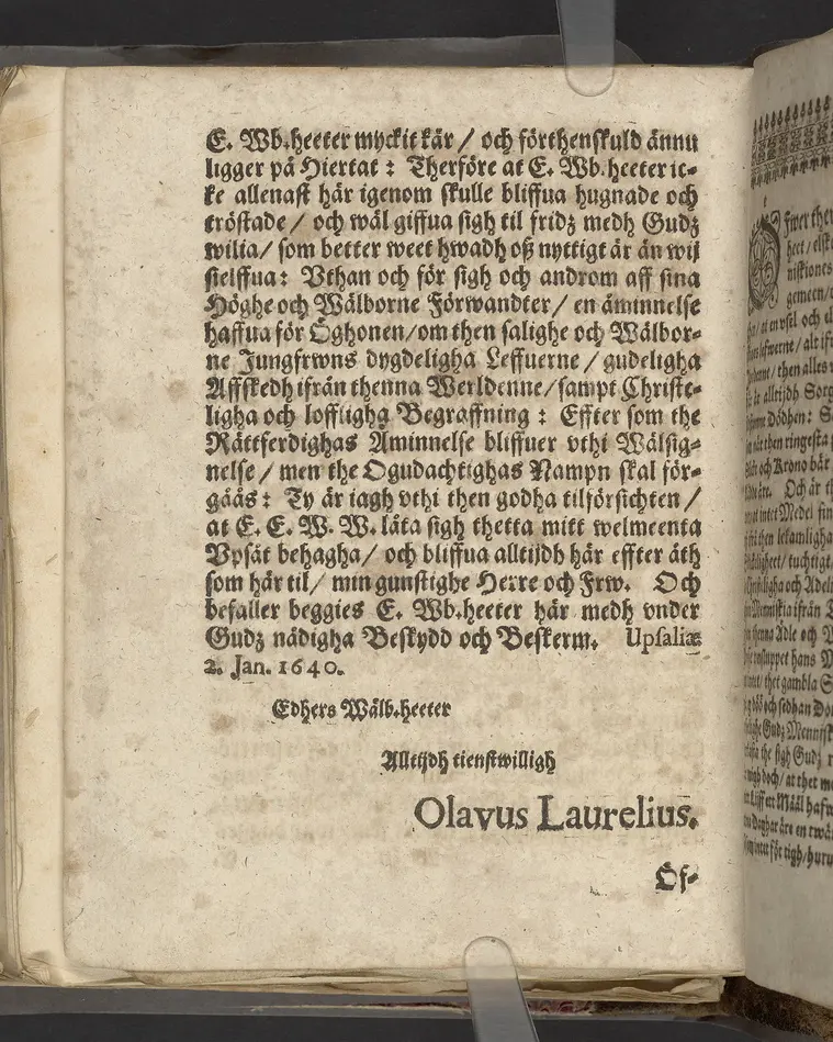 Lijkpredikning öfwer... I. Elisabeth Posse... begraffven, och vthi sin förfäders grifft nedhersatt i Daalby soknekyrkia then 28. augusti, åhr 1639. Hållen... af Olavo Laurelio... Tryckt i Upsala hoos Eskil Matzson.