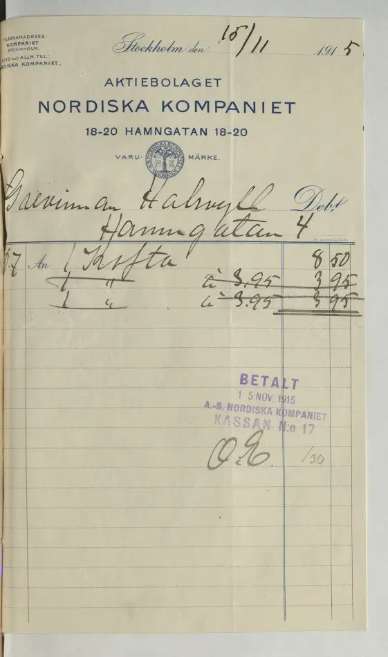 Bild på Kvitto från Aktiebolaget Nordiska Kompaniet, 1915